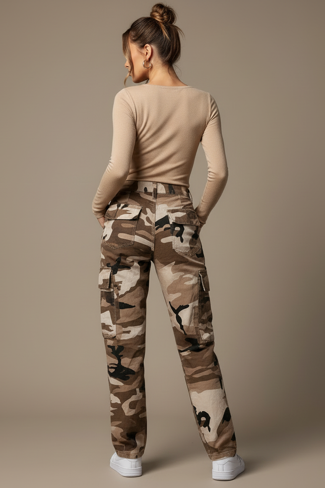 Pantalon Cargo Camouflage Marron Poches Ample Femme - Toile - vue 2