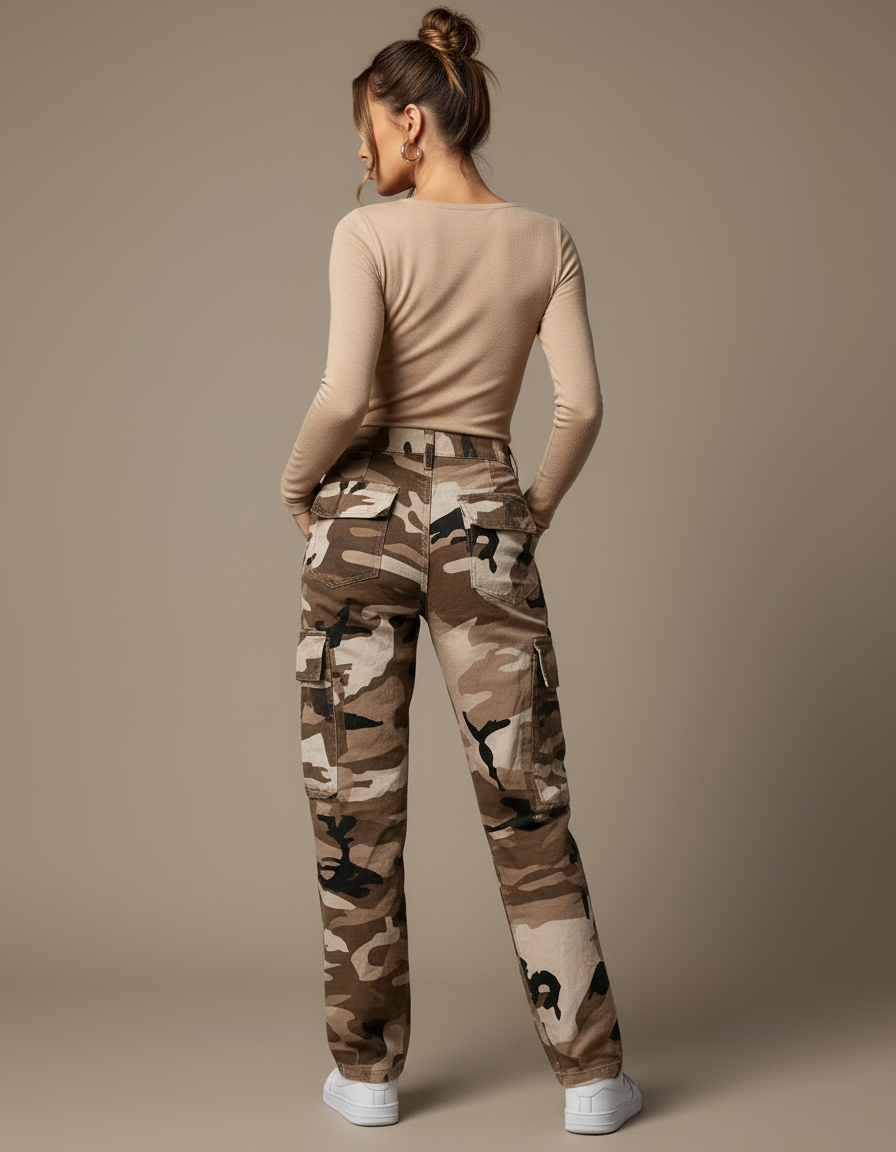 Pantalon Cargo Camouflage Marron Poches Ample Femme - Toile - vue 2