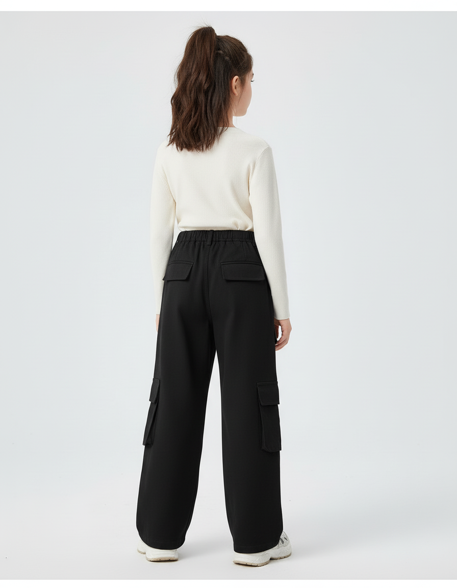Pantalon Cargo Noir Ample Multipoches Fille Hiver - Molleton - vue 2