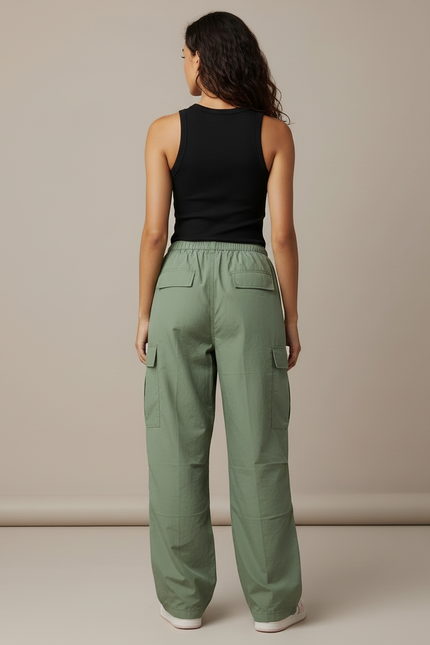 Pantalon Cargo Vert Ample Décontracté Multipoches Femme - Kaki Polyester - vue 2