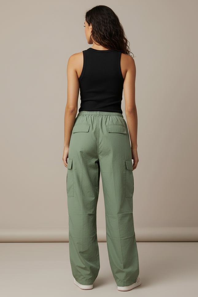 Pantalon Cargo Vert Ample Décontracté Multipoches Femme - Kaki Polyester - vue 2