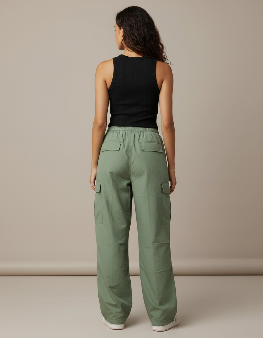 Pantalon Cargo Vert Ample Décontracté Multipoches Femme - Kaki Polyester - vue 2
