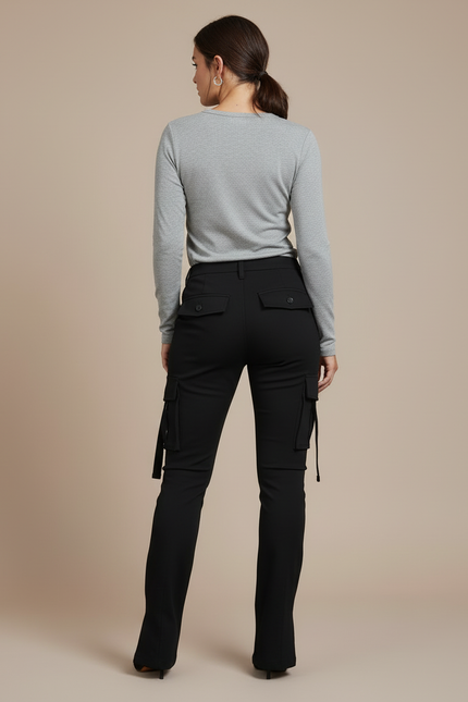 Pantalon Cargo Noir Slim Fit Femme Fentes - Gabardine - vue 2