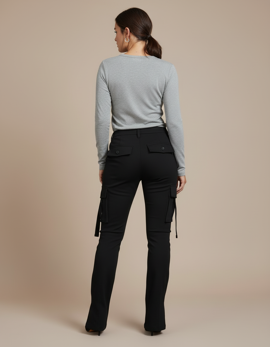 Pantalon Cargo Noir Slim Fit Femme Fentes - Gabardine - vue 2