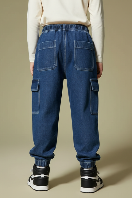 Pantalon Cargo Denim Bleu Ample Élastiqué Enfant - Jean - vue 2