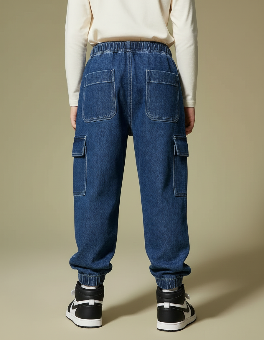 Pantalon Cargo Denim Bleu Ample Élastiqué Enfant - Jean - vue 2