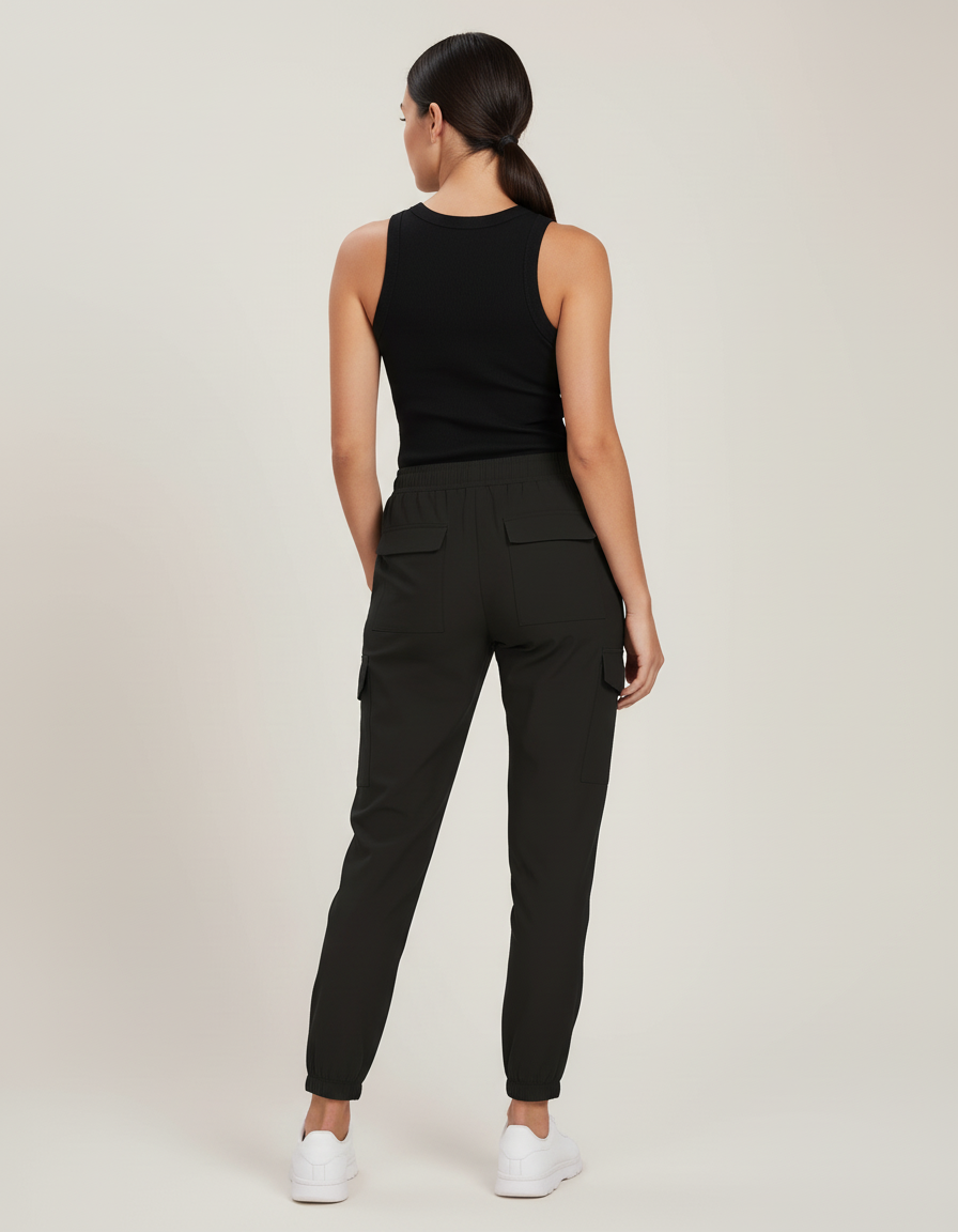 Pantalon Cargo Noir Ample Fluide Léger Femme - Kaki Polyester - vue 2