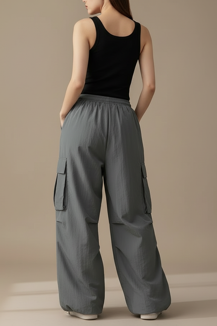 Pantalon Cargo Gris Ample Fluide Multipoches Femme - Polyester - vue 2