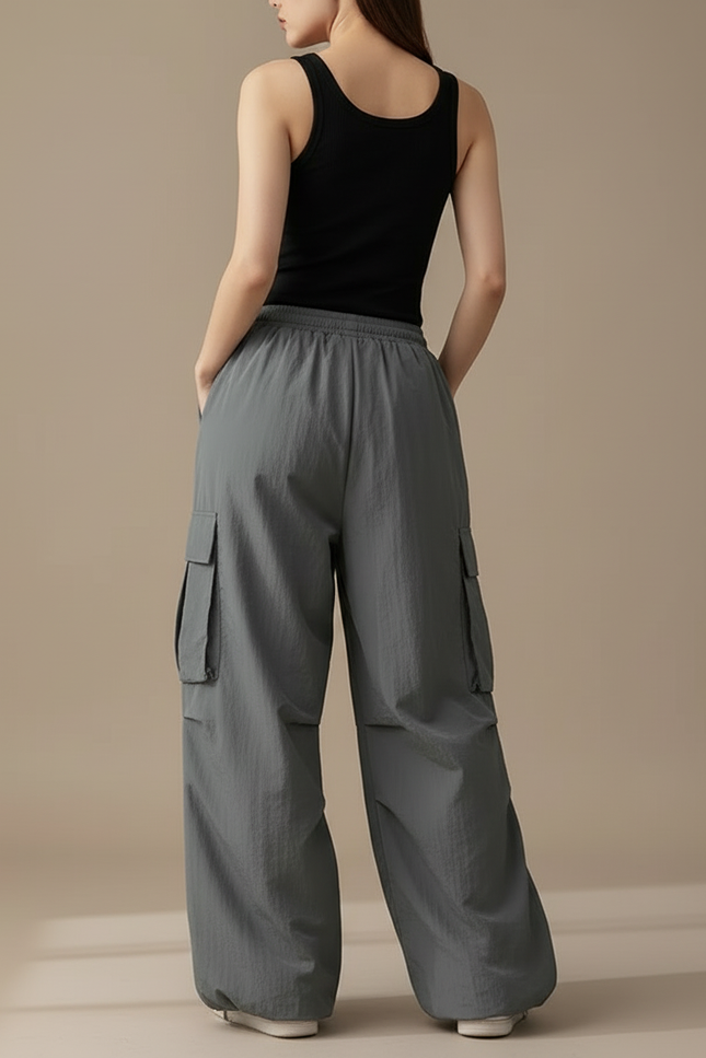 Pantalon Cargo Gris Ample Fluide Multipoches Femme - Polyester - vue 2