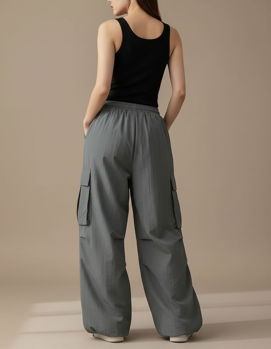 Pantalon Cargo Gris Ample Fluide Multipoches Femme - Polyester - vue 2