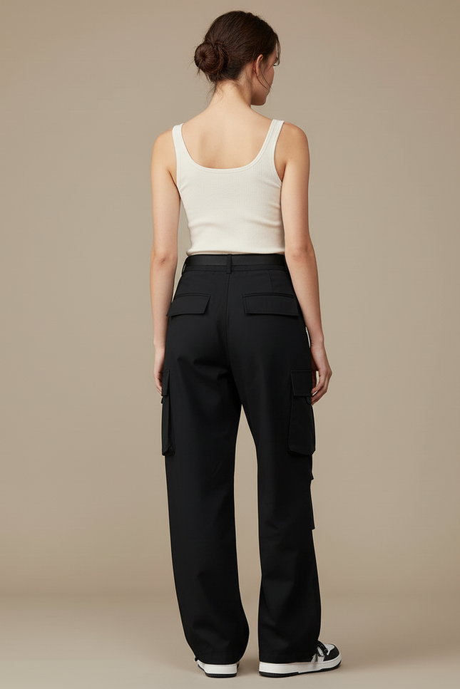 Pantalon Cargo Noir Ample Multipoches Ceinturé Femme - Polyester - vue 2