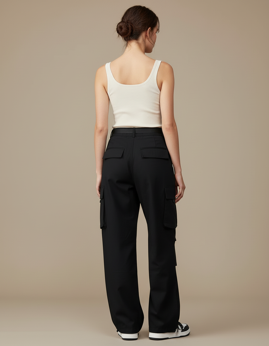 Pantalon Cargo Noir Ample Multipoches Ceinturé Femme - Polyester - vue 2