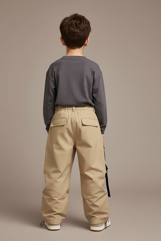 Pantalon Cargo Kaki Ample Multi-Poches Bretelles Enfant - Gabardine - vue 2