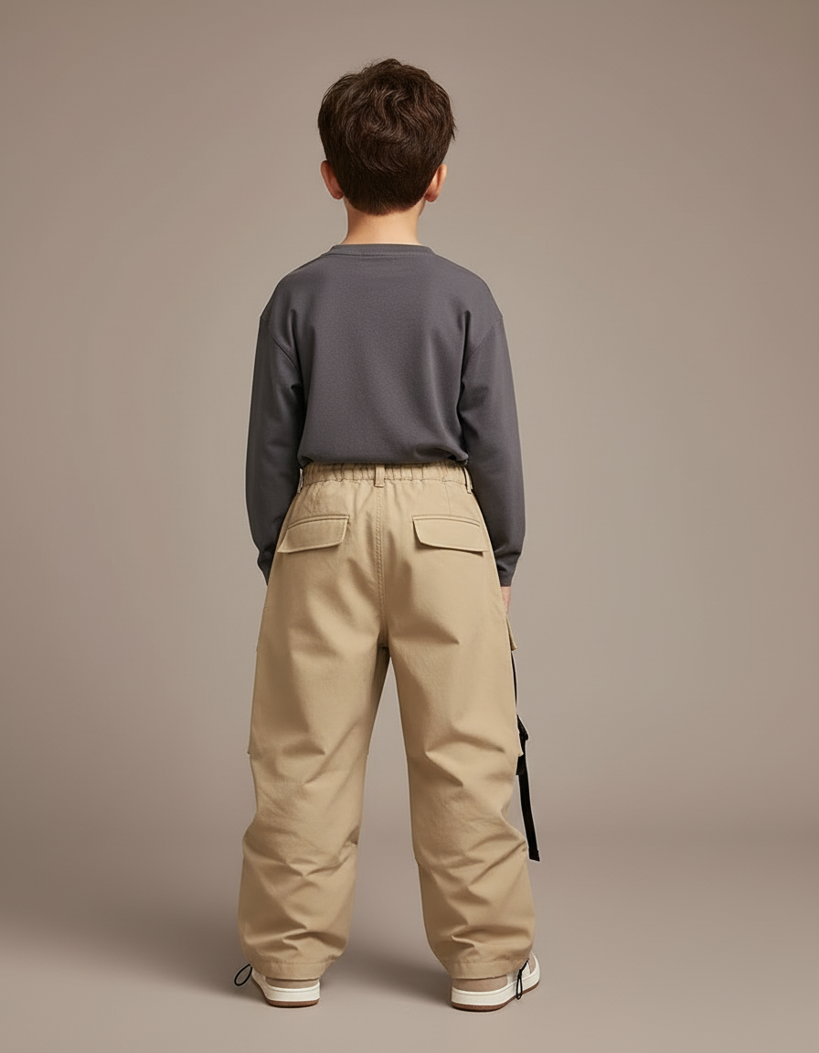 Pantalon Cargo Kaki Ample Multi-Poches Bretelles Enfant - Gabardine - vue 2