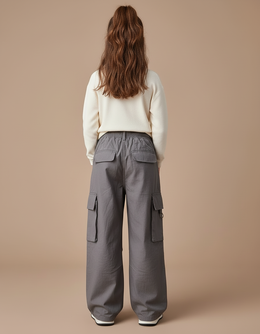 Pantalon Cargo Gris Ample Poches Fille - Toile - vue 2
