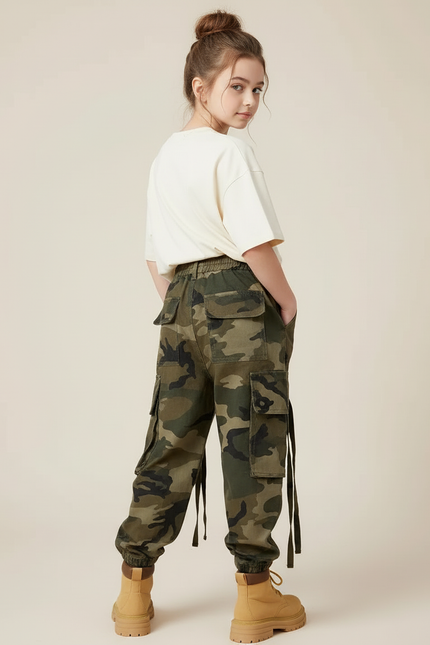 Pantalon Cargo Camouflage Ample Confortable Enfant - Kaki Toile - vue 2