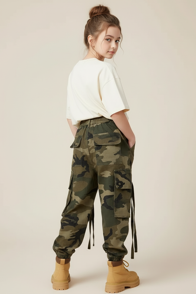 Pantalon Cargo Camouflage Ample Confortable Enfant - Kaki Toile - vue 2