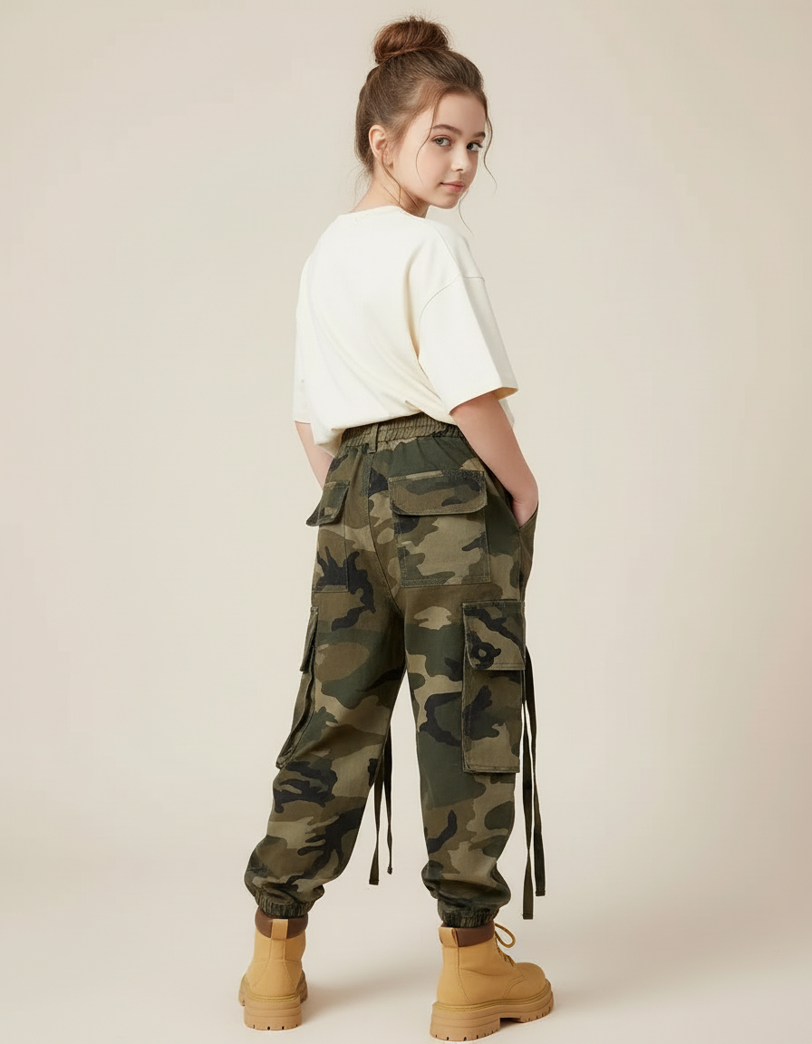 Pantalon Cargo Camouflage Ample Confortable Enfant - Kaki Toile - vue 2