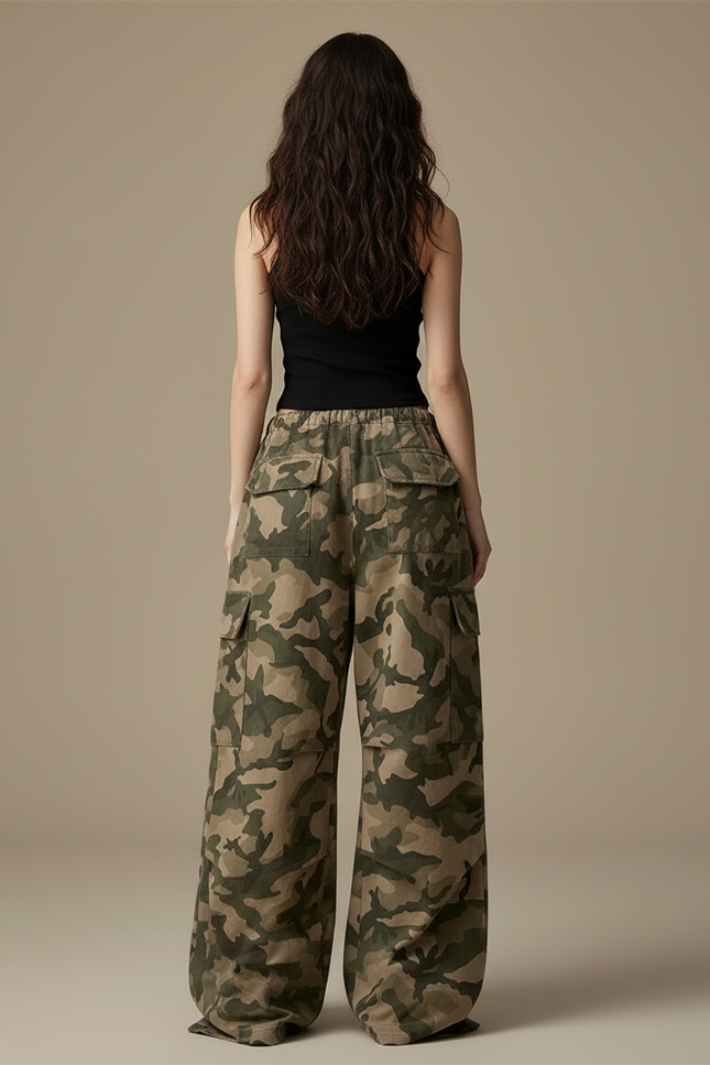 Pantalon Cargo Camouflage Ample Taille Haute Femme - Imprimé Toile - vue 2