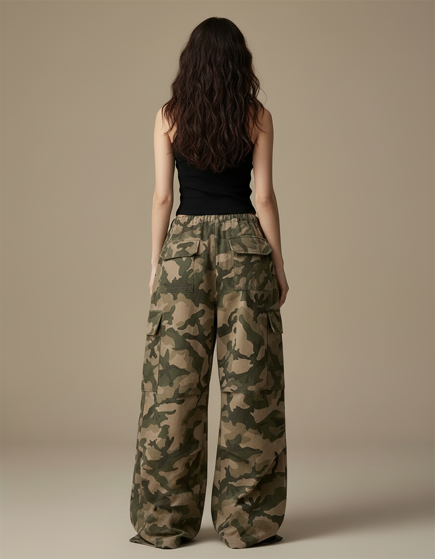 Pantalon Cargo Camouflage Ample Taille Haute Femme - Imprimé Toile - vue 2