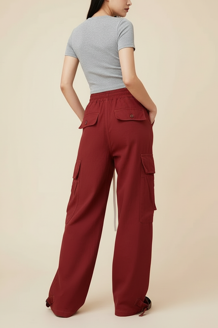 Pantalon Cargo Large Rouge Ample Cordon Fluide - Bordeaux Gabardine - vue 2