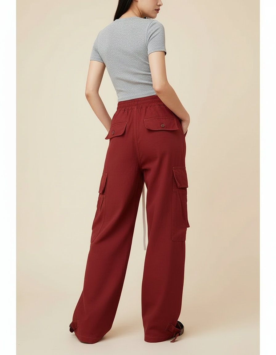 Pantalon Cargo Large Rouge Ample Cordon Fluide - Bordeaux Gabardine - vue 2