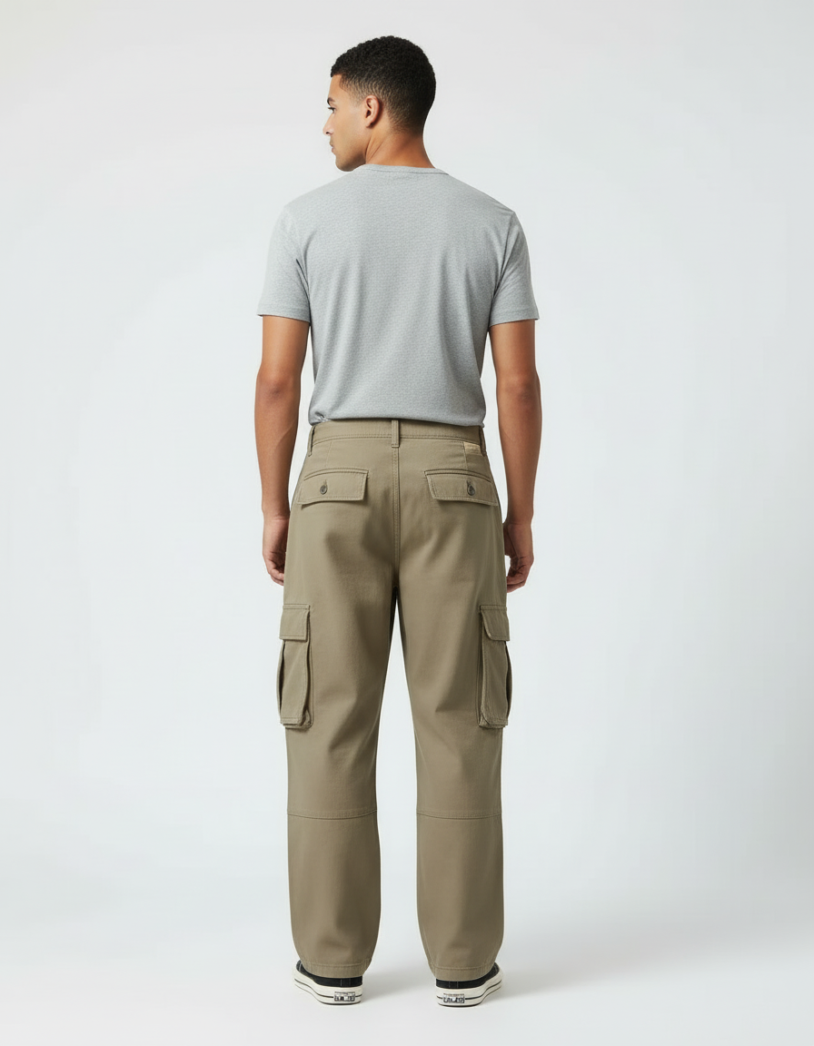 Pantalon Cargo Kaki Ample Coton Multipoches Homme - Toile - vue 2