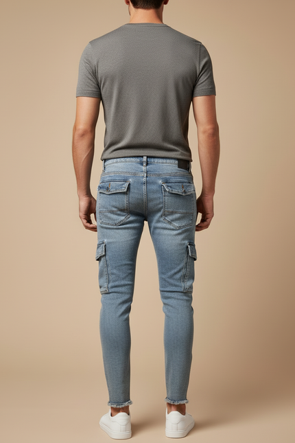 Pantalon Cargo Jean Délavé Slim Multipoches Zippées Homme - Bleu - vue 2