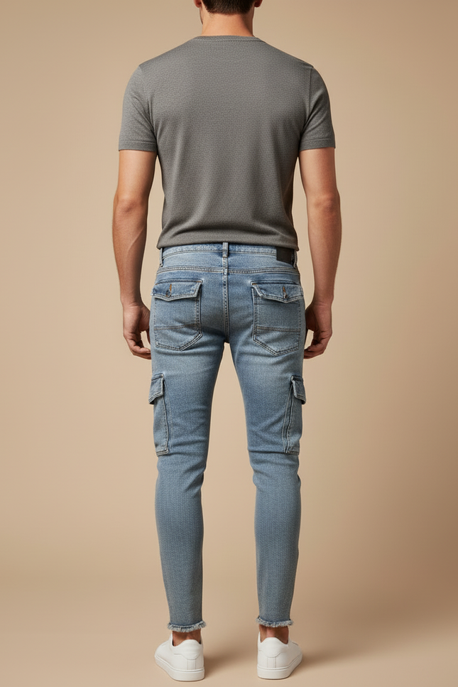 Pantalon Cargo Jean Délavé Slim Multipoches Zippées Homme - Bleu - vue 2