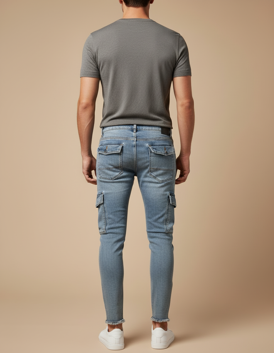 Pantalon Cargo Jean Délavé Slim Multipoches Zippées Homme - Bleu - vue 2