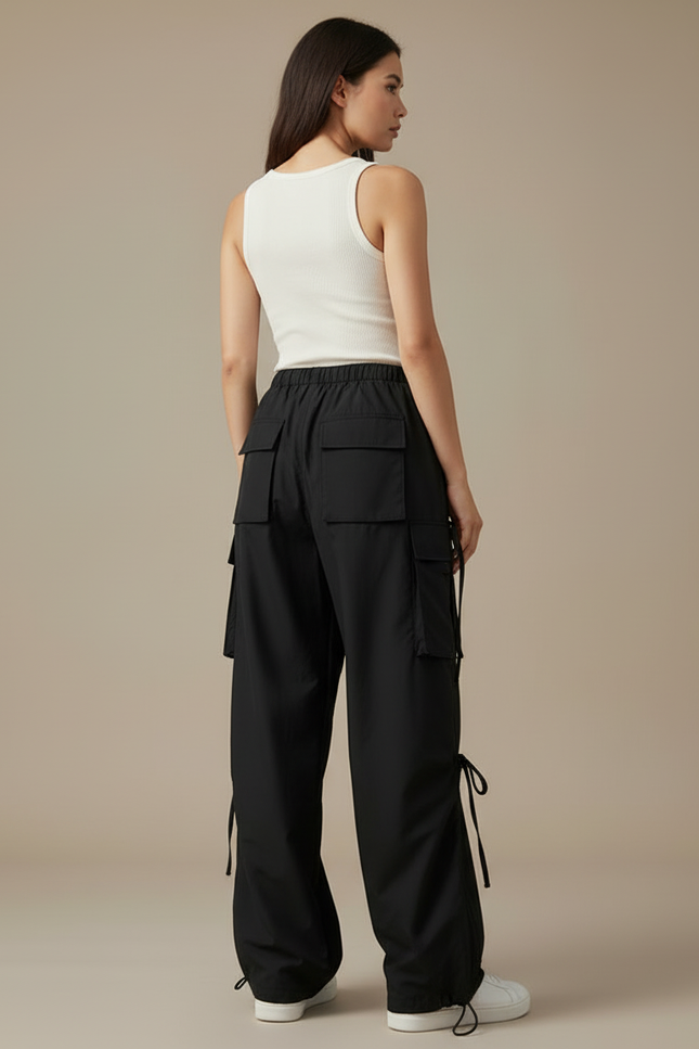 Pantalon Cargo Noir Fluide Cordon Streetwear Femme - Polyester - vue 2