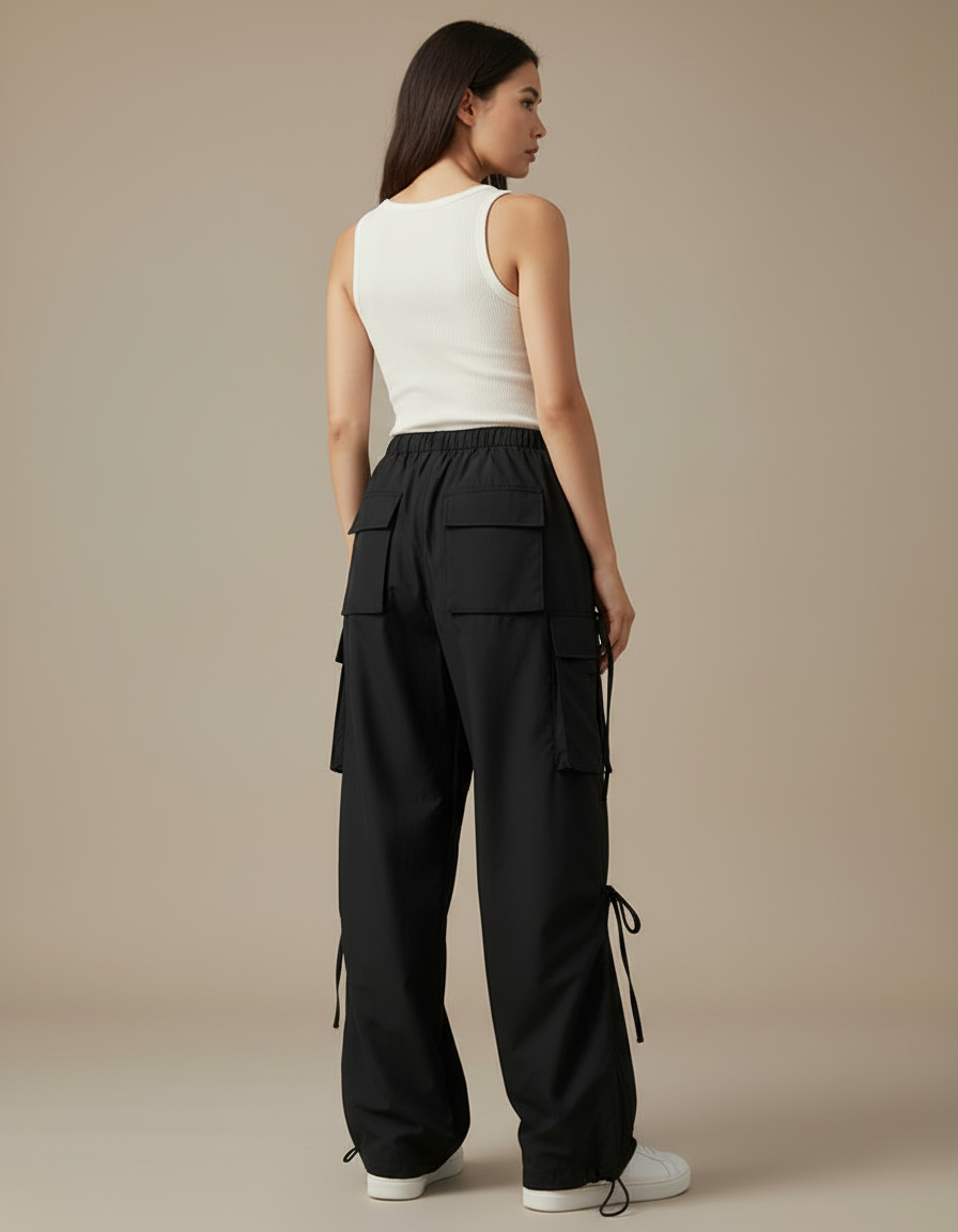 Pantalon Cargo Noir Fluide Cordon Streetwear Femme - Polyester - vue 2