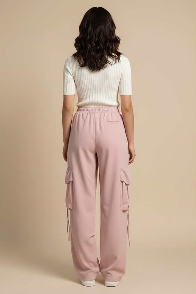 Pantalon Cargo Rose Fluide Ample Taille Haute Femme - Polyester - vue 2