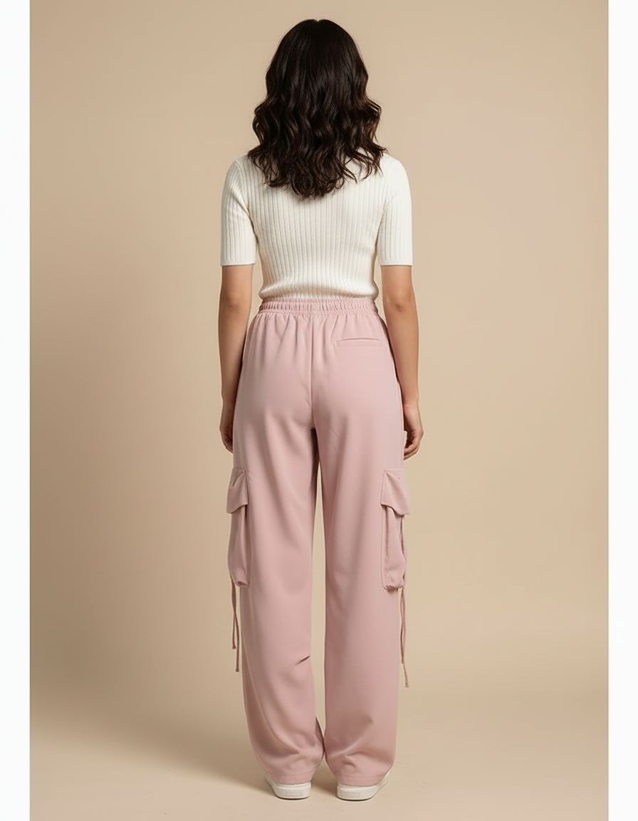 Pantalon Cargo Rose Fluide Ample Taille Haute Femme - Polyester - vue 2