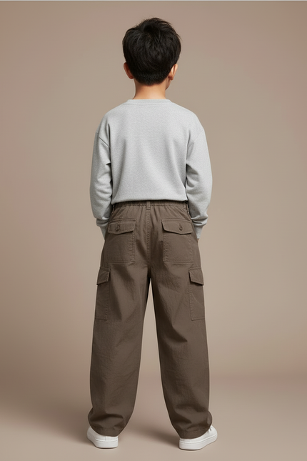 Pantalon Cargo Marron Ample Multipoches Enfant - Kaki Coton - vue 2