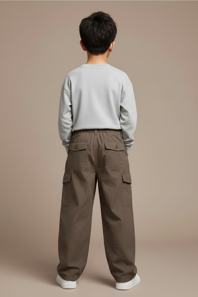 Pantalon Cargo Marron Ample Multipoches Enfant - Kaki Coton - vue 2
