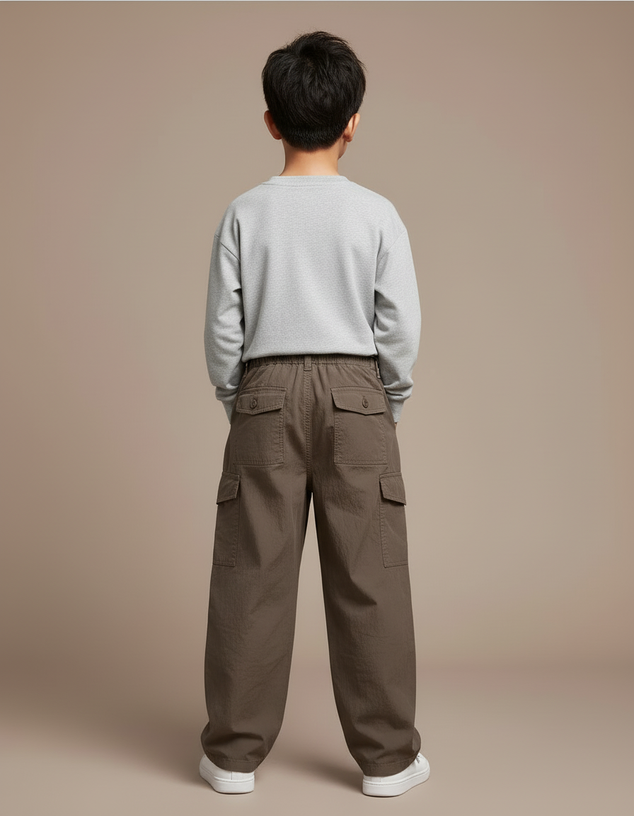 Pantalon Cargo Marron Ample Multipoches Enfant - Kaki Coton - vue 2