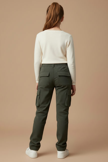 Pantalon Cargo Vert Militaire Ample Enfant Doublé - Kaki Polyester - vue 2