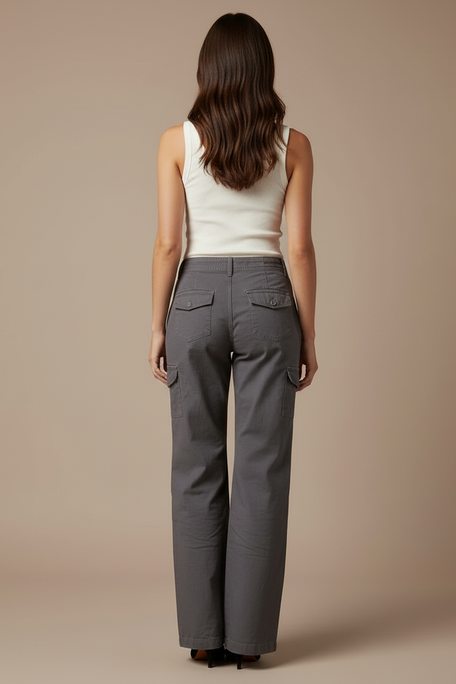 Pantalon Cargo Gris Femme Décontracté Ample Coton - Toile - vue 2