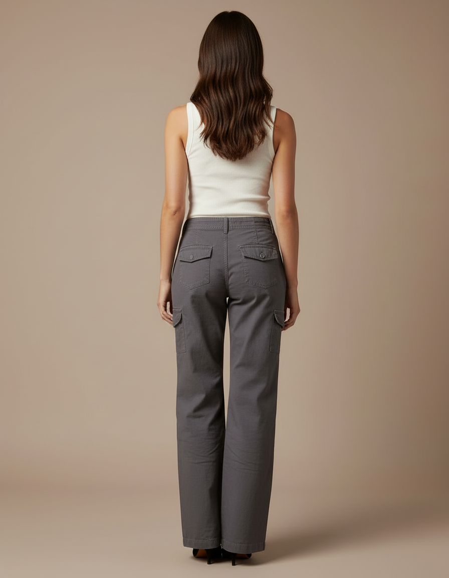 Pantalon Cargo Gris Femme Décontracté Ample Coton - Toile - vue 2