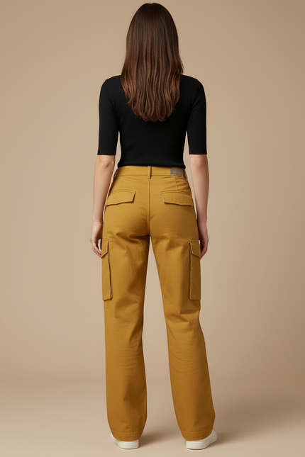 Pantalon Cargo Jaune Ample Décontracté Multipoches Femme - Gabardine - vue 2