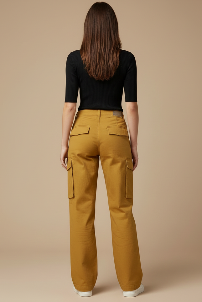 Pantalon Cargo Jaune Ample Décontracté Multipoches Femme - Gabardine - vue 2