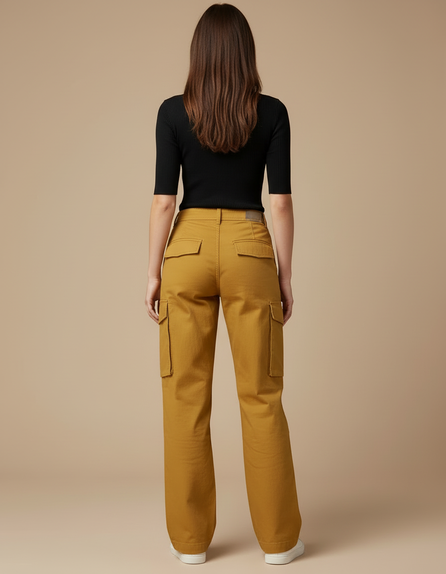 Pantalon Cargo Jaune Ample Décontracté Multipoches Femme - Gabardine - vue 2