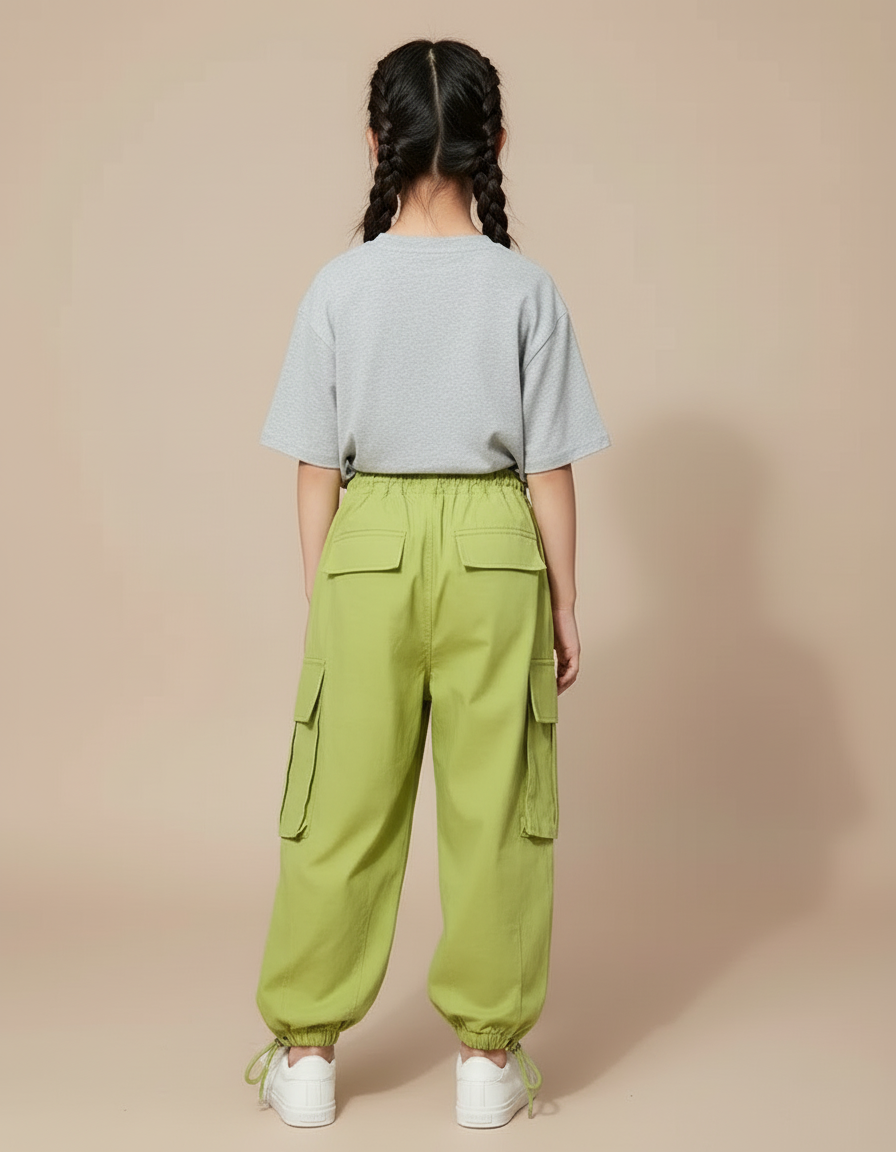 Pantalon Cargo Vert Ample Poches Fille Coton - vue 2