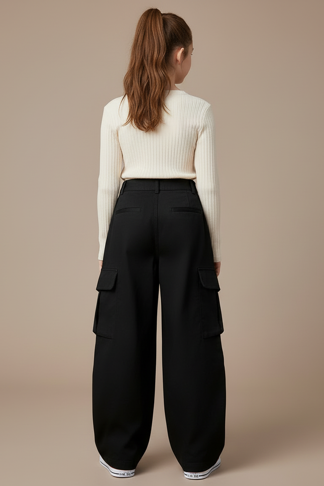 Pantalon Cargo Noir Ample Multipoches Fille Coton - vue 2