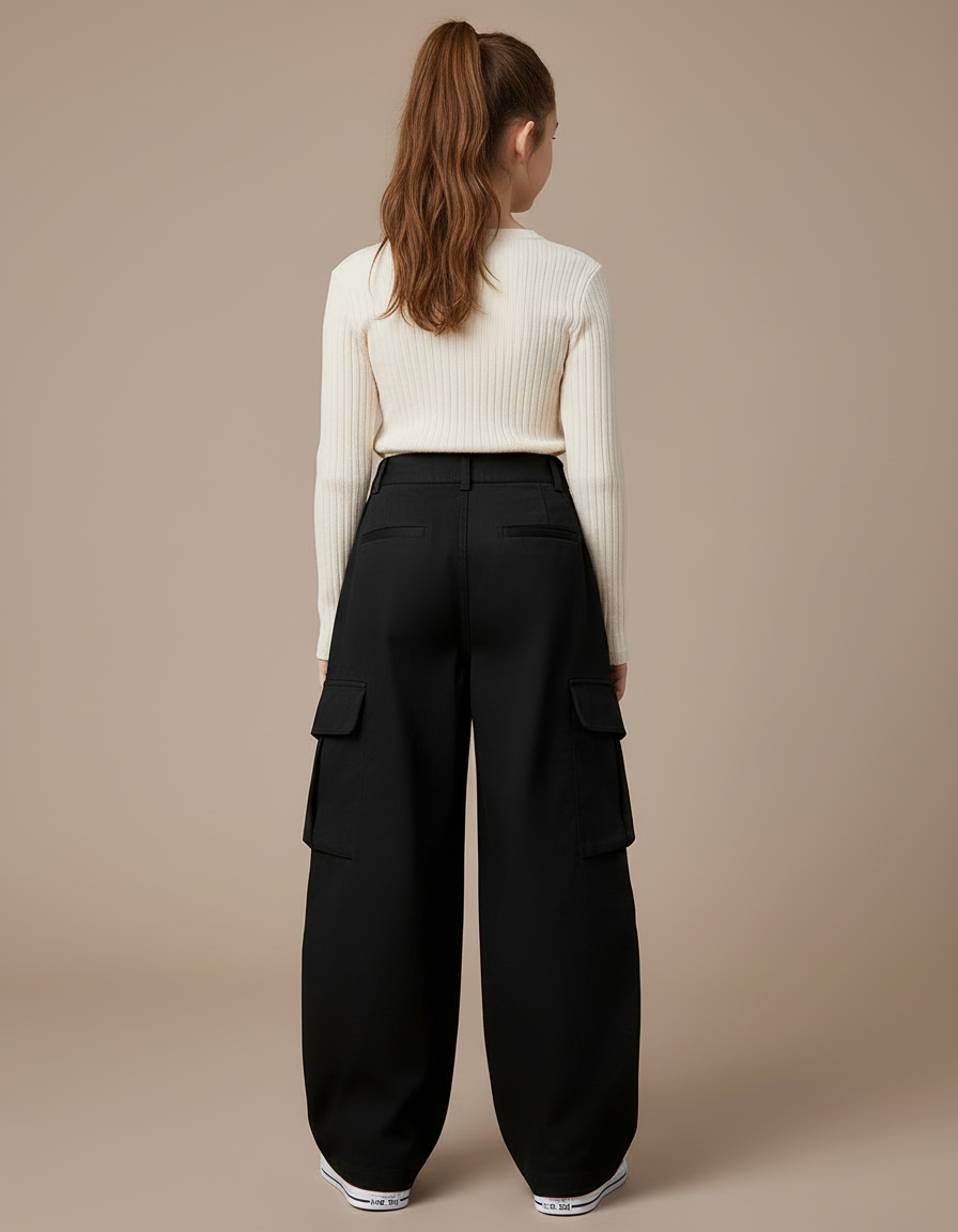 Pantalon Cargo Noir Ample Multipoches Fille Coton - vue 2