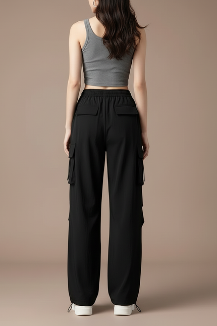 Pantalon Cargo Noir Fluide Ample Décontracté Femme - Polyester - vue 2