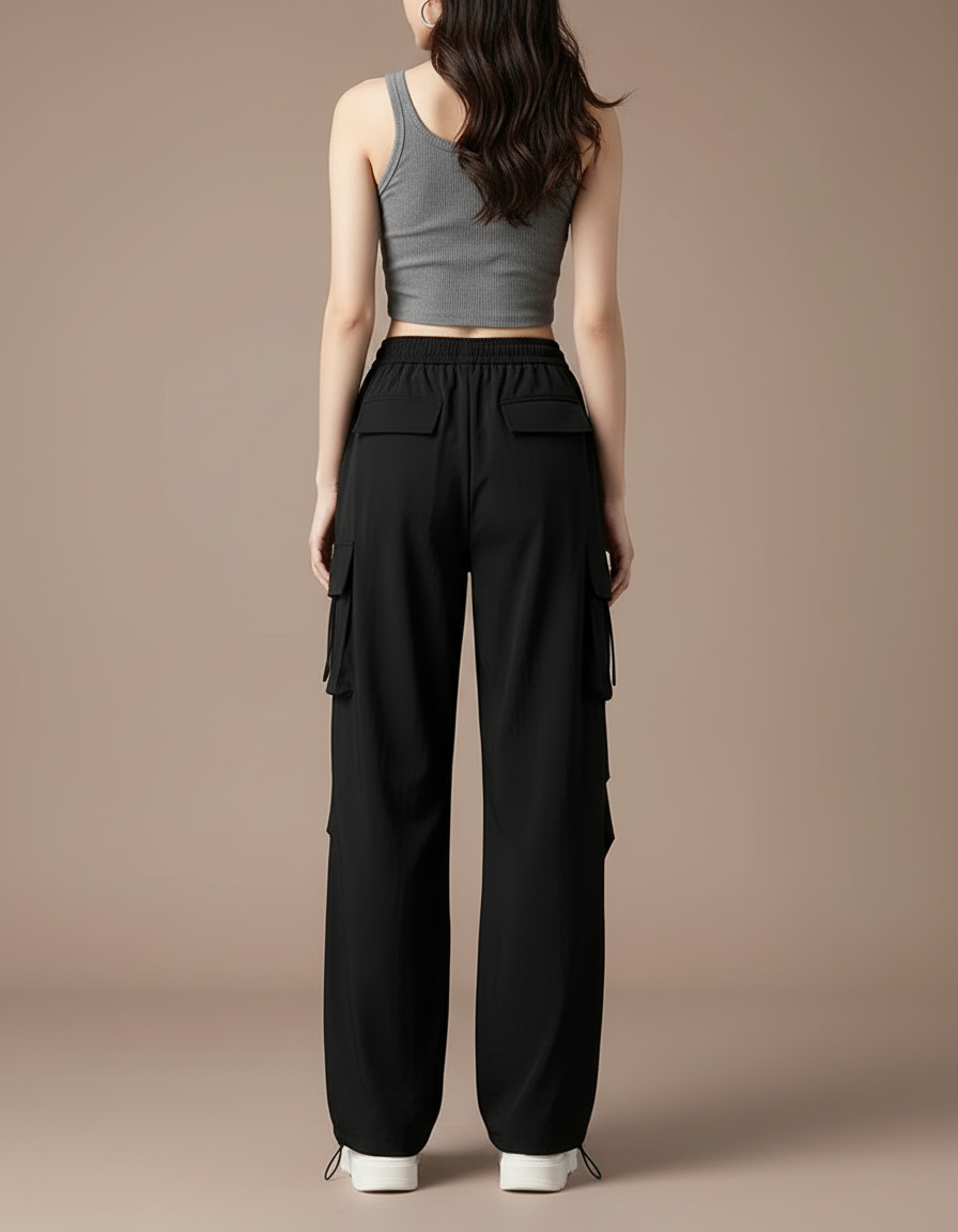 Pantalon Cargo Noir Fluide Ample Décontracté Femme - Polyester - vue 2