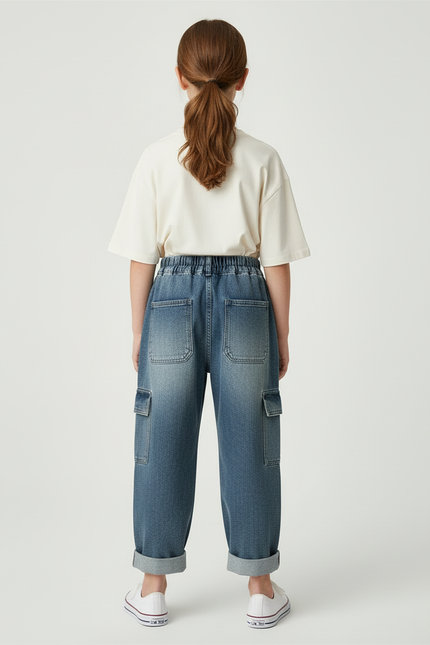 Pantalon Cargo Denim Bleu Ample Multipoches Enfant - Jean - vue 2