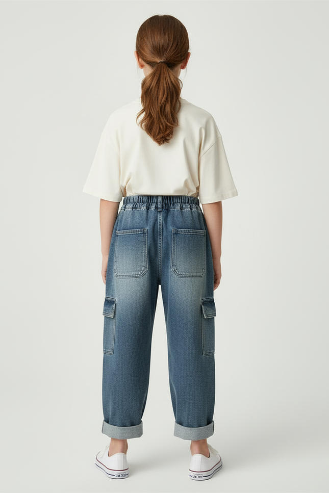 Pantalon Cargo Denim Bleu Ample Multipoches Enfant - Jean - vue 2